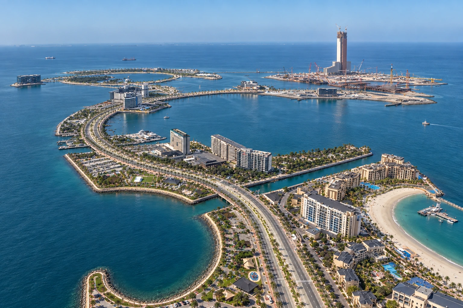Aerial view of Al Marjan Island and its waterfront development