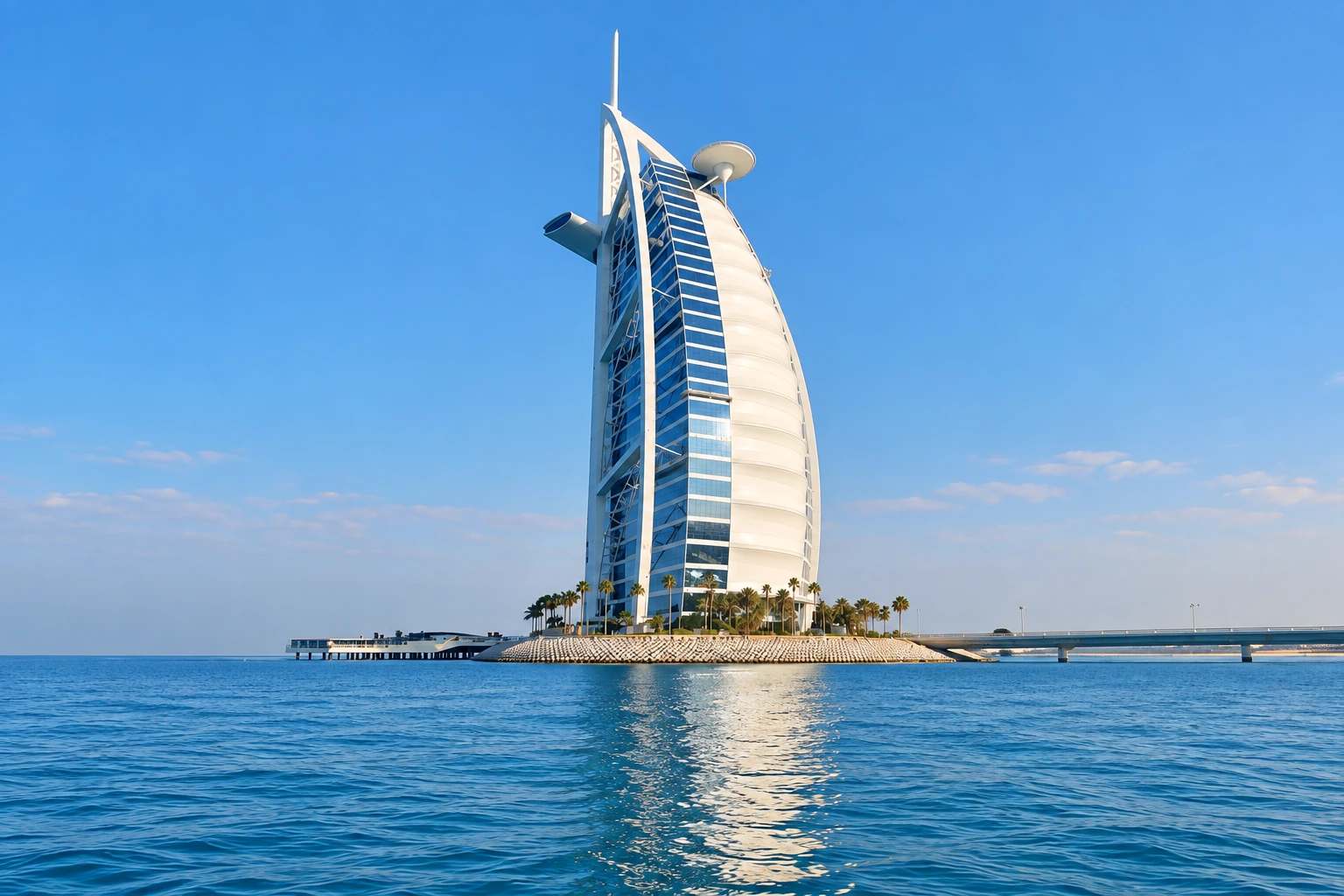 Burj Al Arab on its island beside calm Gulf waters