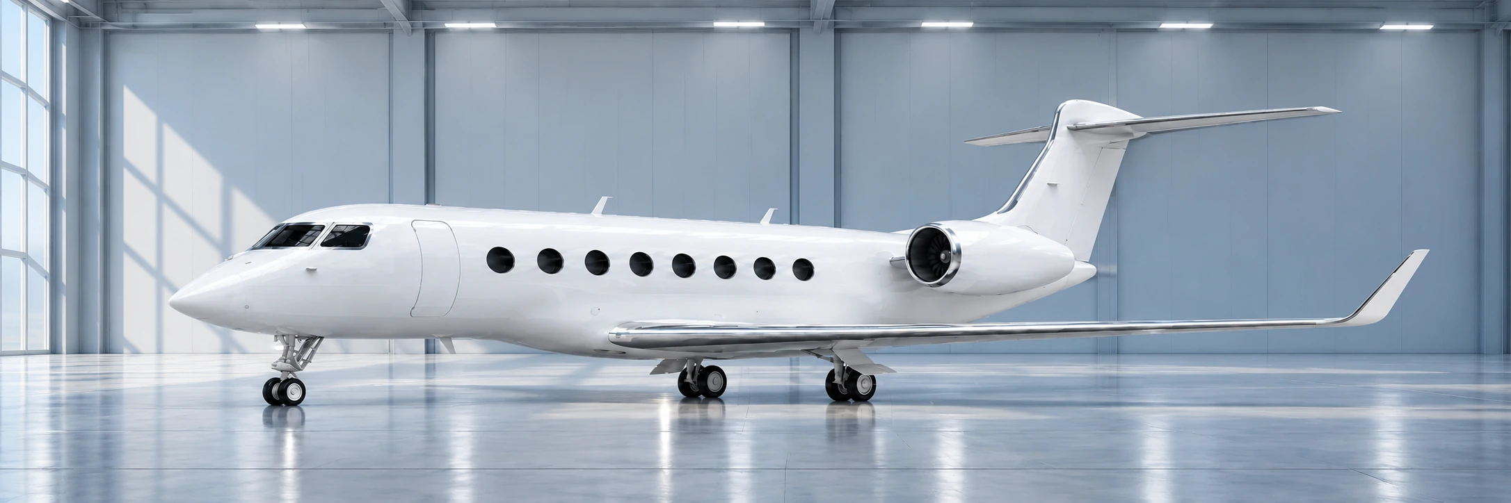 White private jet inside an aircraft hangar