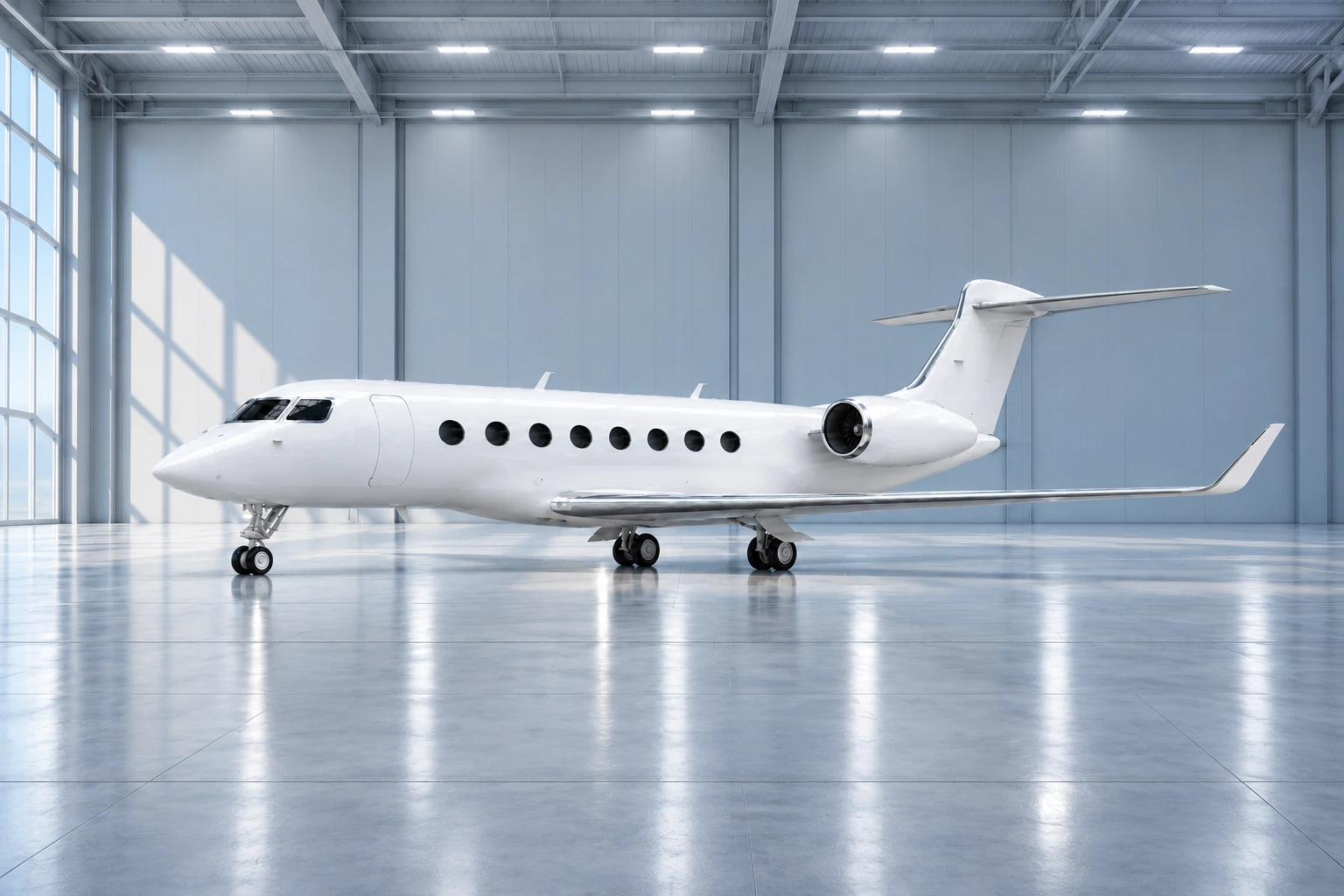 White private jet inside an aircraft hangar