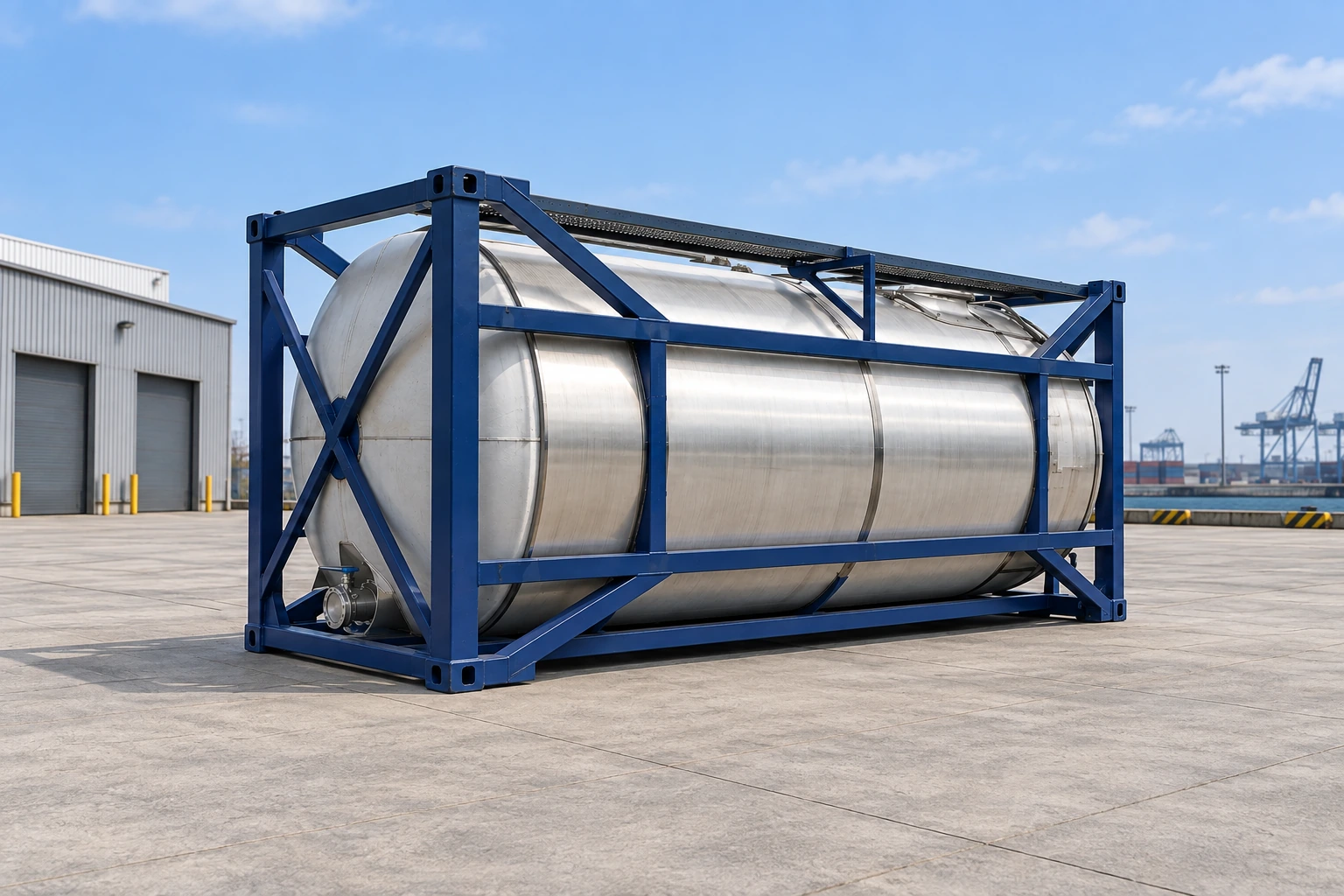 Stainless steel liquid transport tank in a navy shipping frame